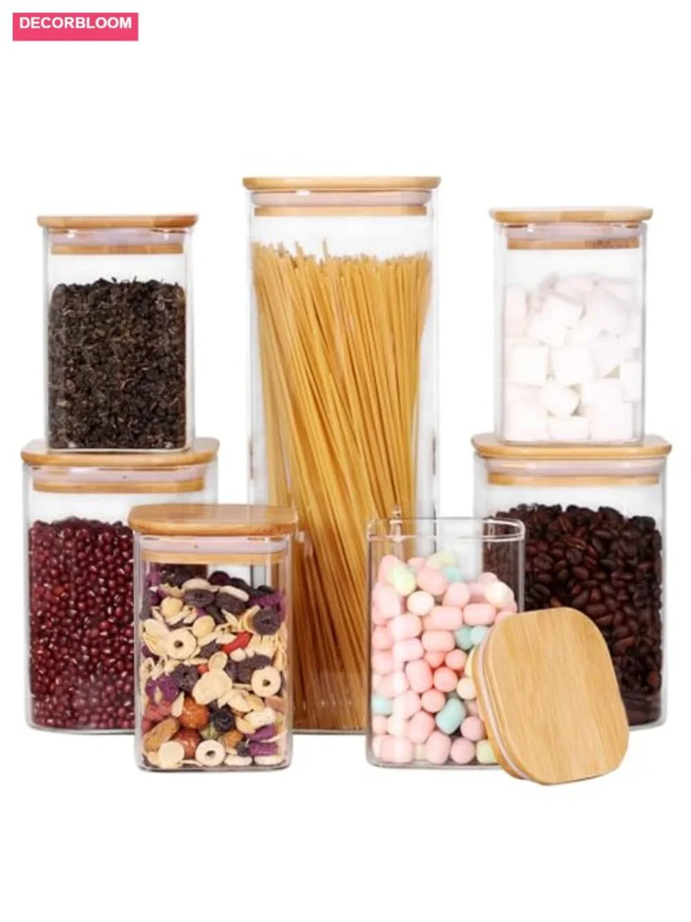 Glass Storage Canisters with Bamboo Lids, Set of 7, Airtight Food Jars for